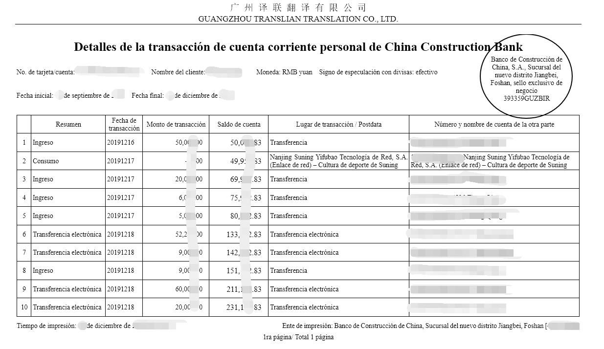 銀行流水對賬單翻譯成英文圖片